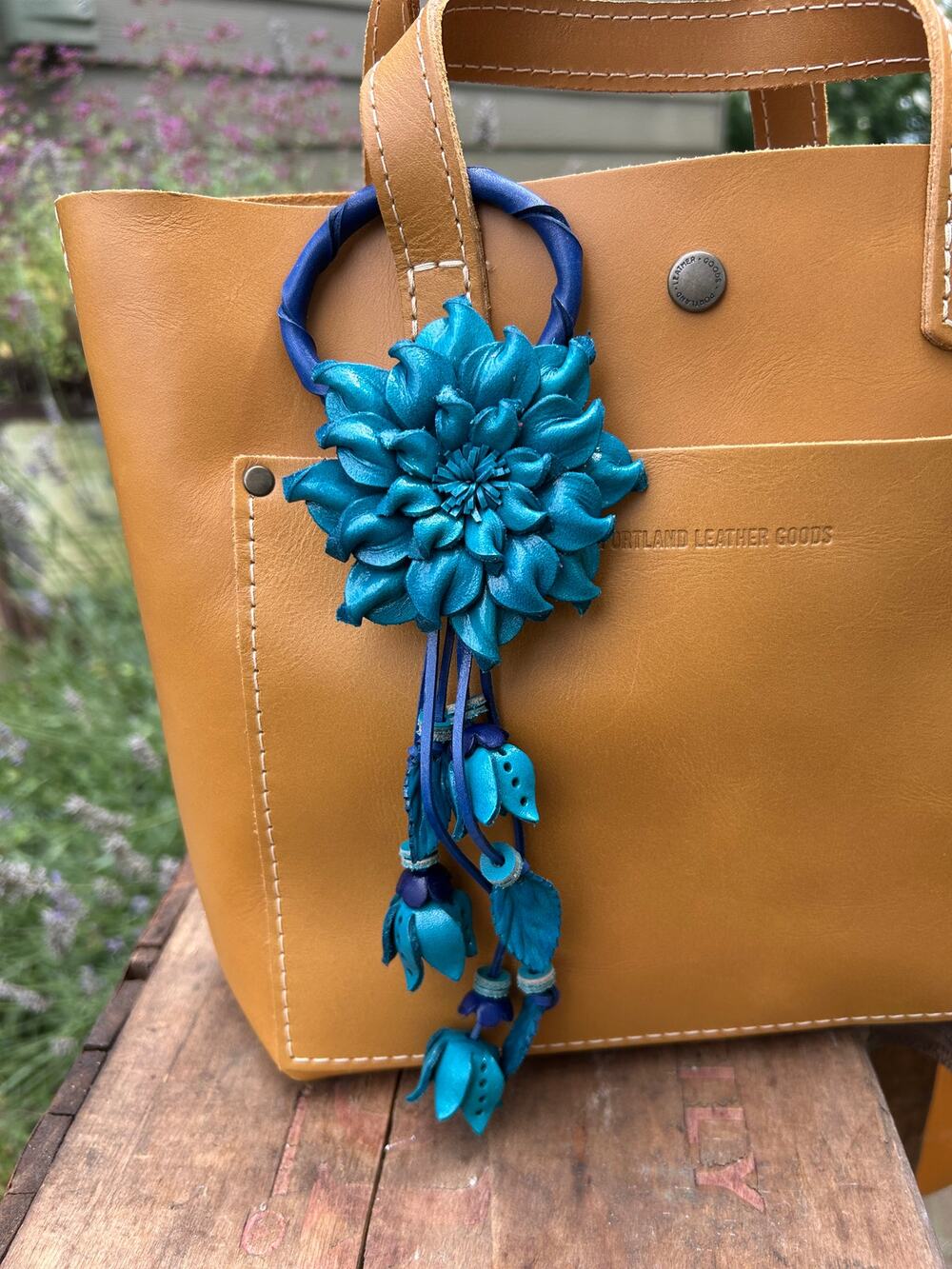 Blue Leather Flower Purse Charm Genuine Leather Blue Dahlia Beautiful Bag Charm